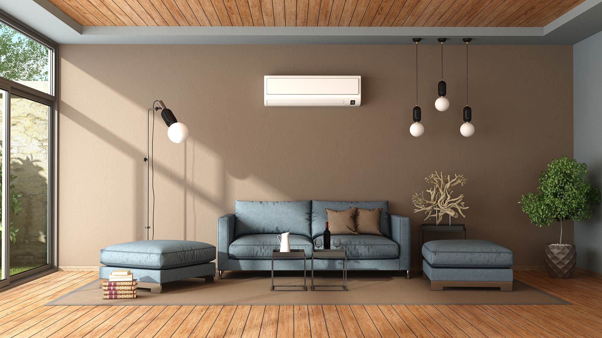blue and brown living room with modern furniture and air conditioner oakland fl
